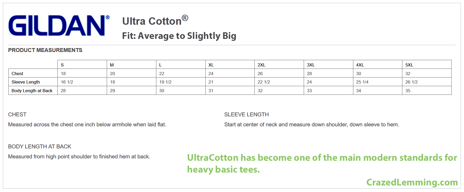 Gildan Ultra Cotton Tee Size Chart